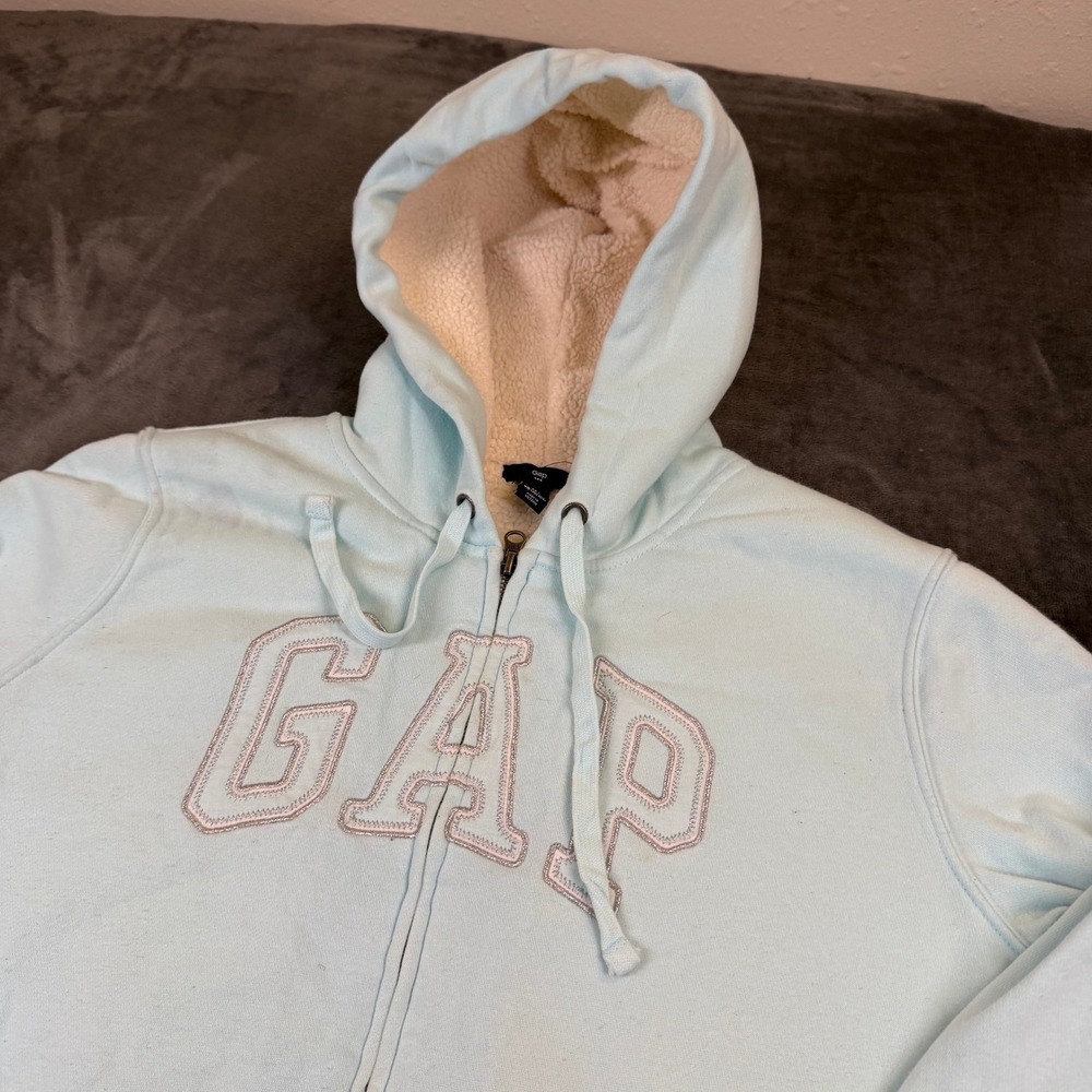 Gap Logo Full Zip Hoodie Womens Large Light Blue Sherpa Lined Hooded Jacket